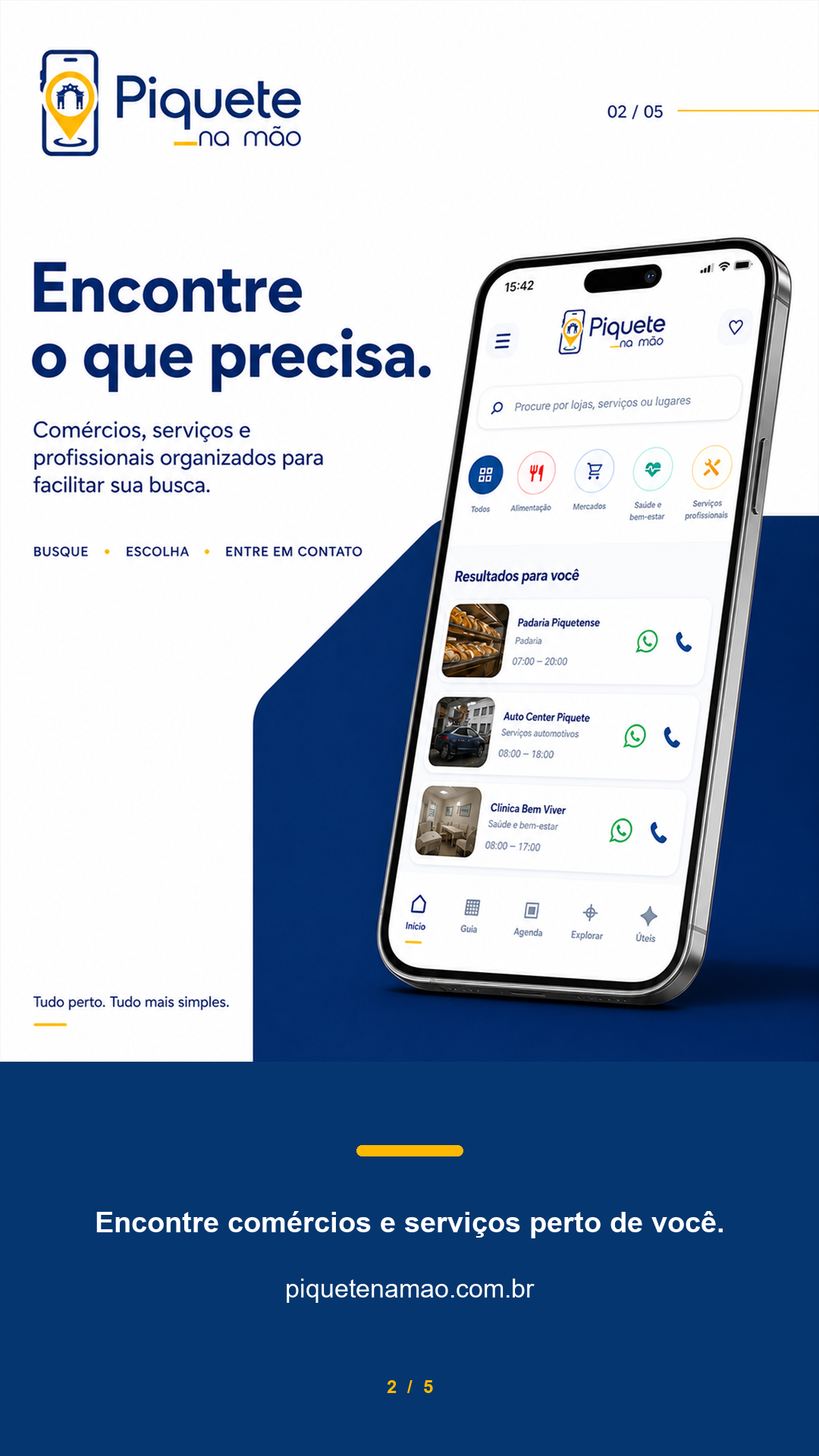 Tela real do guia comercial com categorias e estabelecimentos