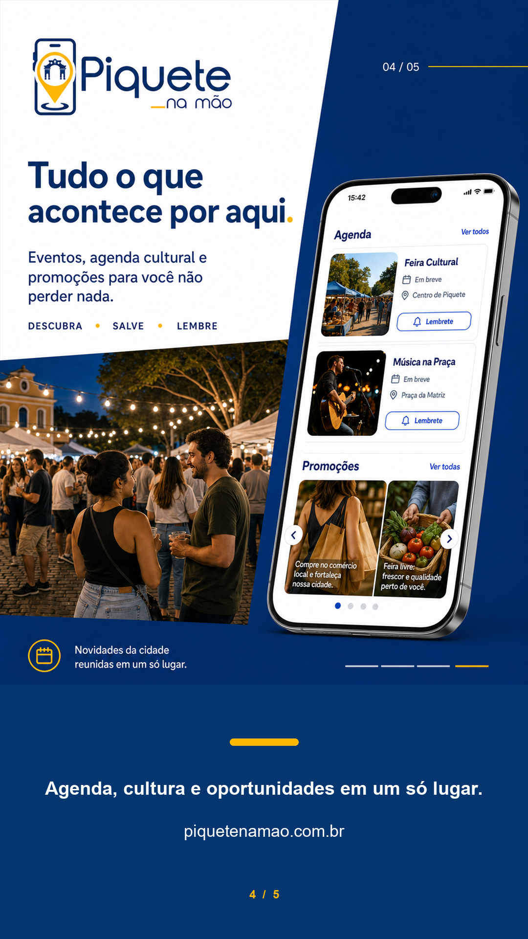 Tela real da agenda de eventos e promoções locais